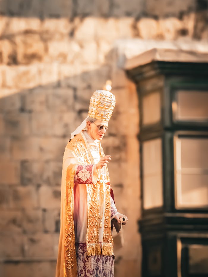A religious statue in ornate attire against a historical stone backdrop with warm sunlight.